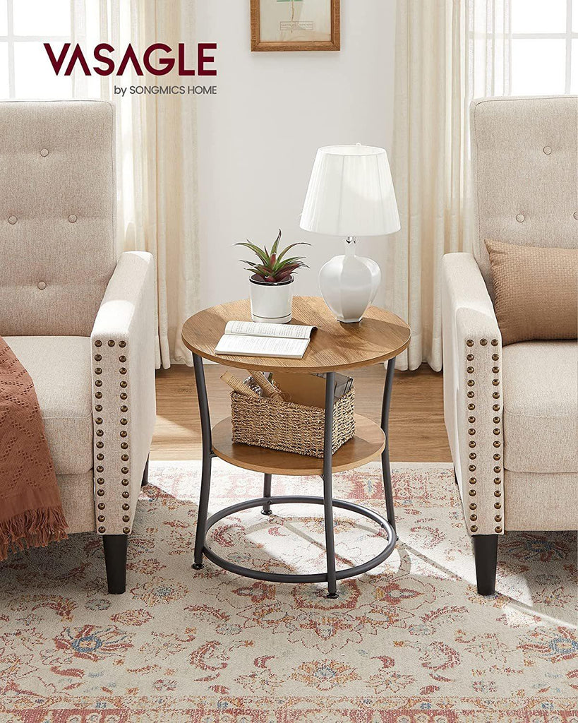 VASAGLE Round End Table with 2 Shelves - Rustic Walnut