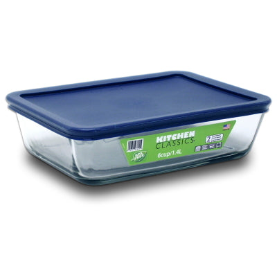 Kitchen Classics: Rectangular Glass Container With Blue Lid - 6 Cup - D.Line