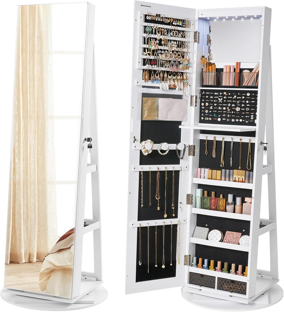 SONGMICS 6 LEDs Lockable Mirror 360? Swivel Jewelry Cabinet