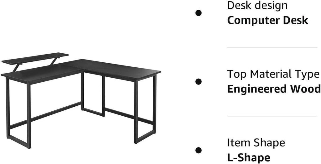Vasagle L-Shaped Computer Desk with Monitor Stand - Black