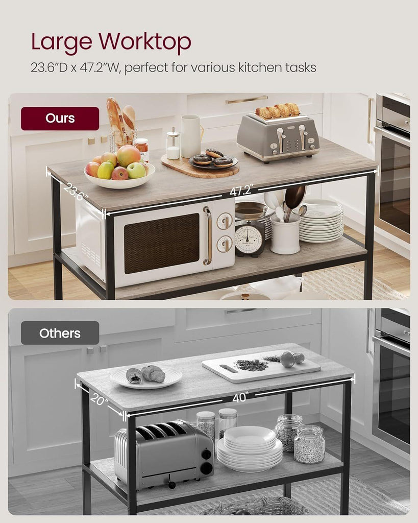 VASAGLE Kitchen Island with 3 Shelves - Greige/Black