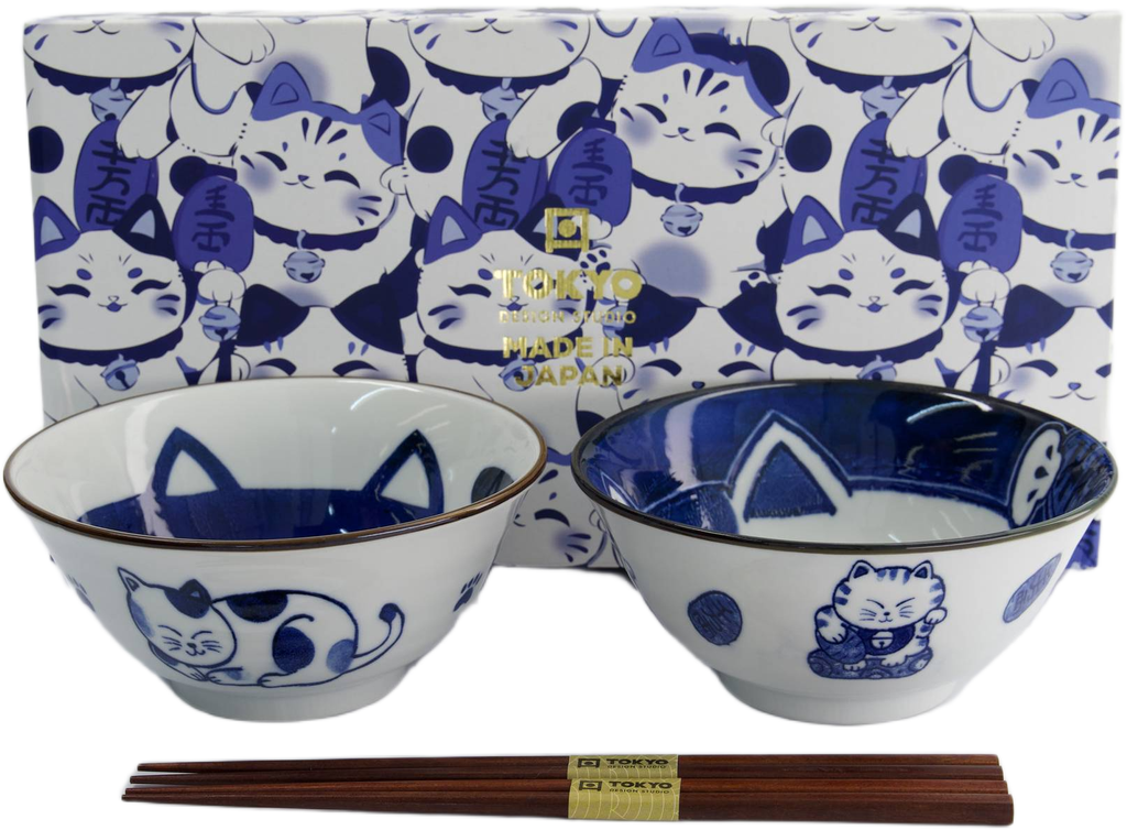 Tokyo Design Studio: Kawaii Cat Neko Bowl with Chopsticks - Blue Cat (2 Piece Set)