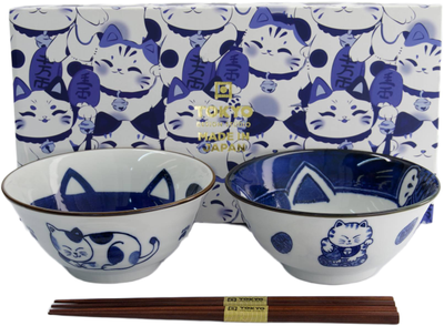 Tokyo Design Studio: Kawaii Cat Neko Bowl with Chopsticks - Blue Cat (2 Piece Set)