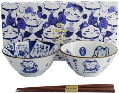 Tokyo Design Studio: Kawaii Cat Neko Bowl with Chopsticks - White Cat (2 Piece Set)