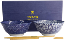 Load image into Gallery viewer, Tokyo Design Studio: Nippon Blue Tayo Bowl with Chopsticks Gift Set - Dot Wave (2 Piece Set)