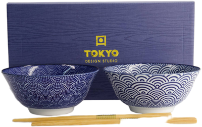 Tokyo Design Studio: Nippon Blue Tayo Bowl with Chopsticks Gift Set - Dot Wave (2 Piece Set)